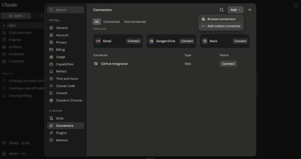 Claude's Connectors settings with the Add menu open on Add custom connector