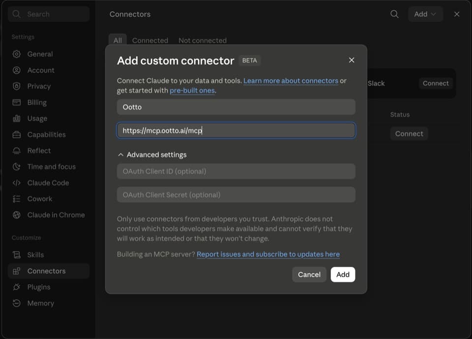 Claude's Add custom connector form with the name Ootto and the address https://mcp.ootto.ai/mcp