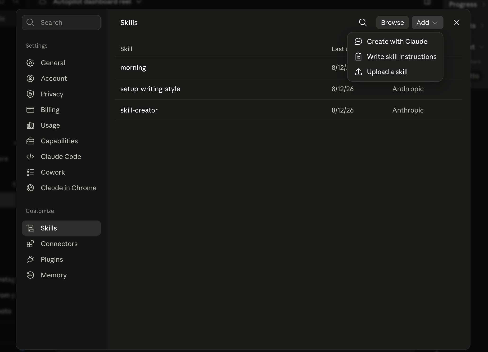 Claude skills panel showing the content skills available to run