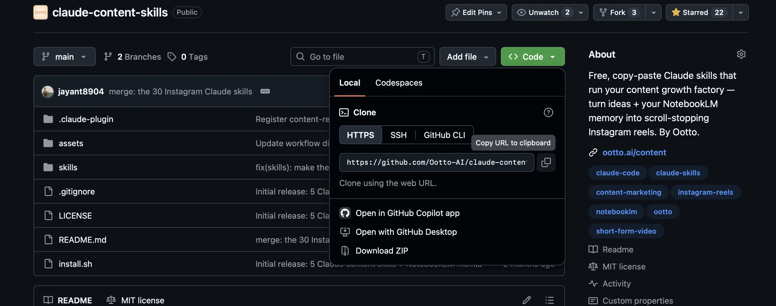 The Ootto-AI claude-content-skills repository with the Code menu open on the HTTPS clone URL