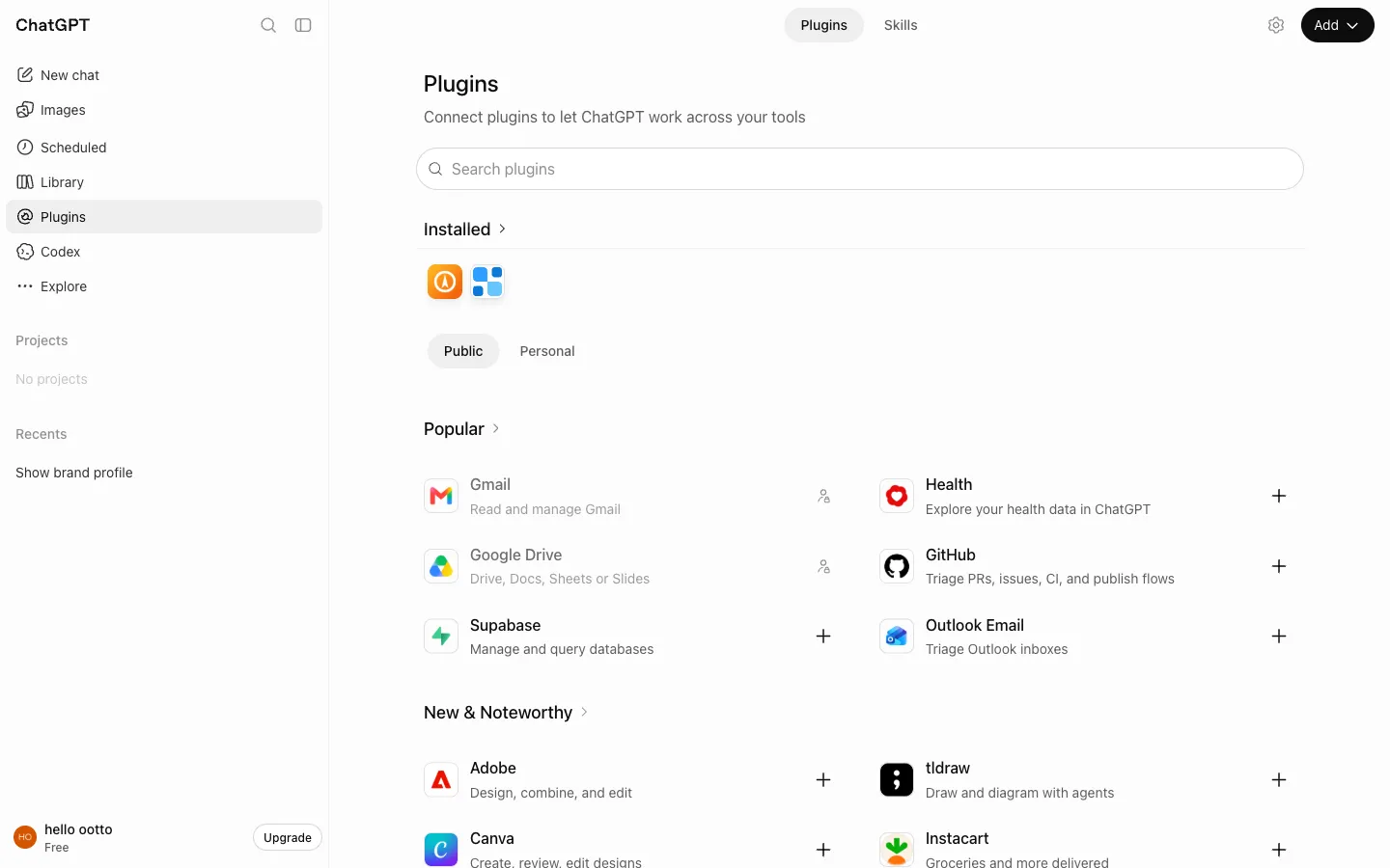 ChatGPT's Plugins page with Ootto under Installed