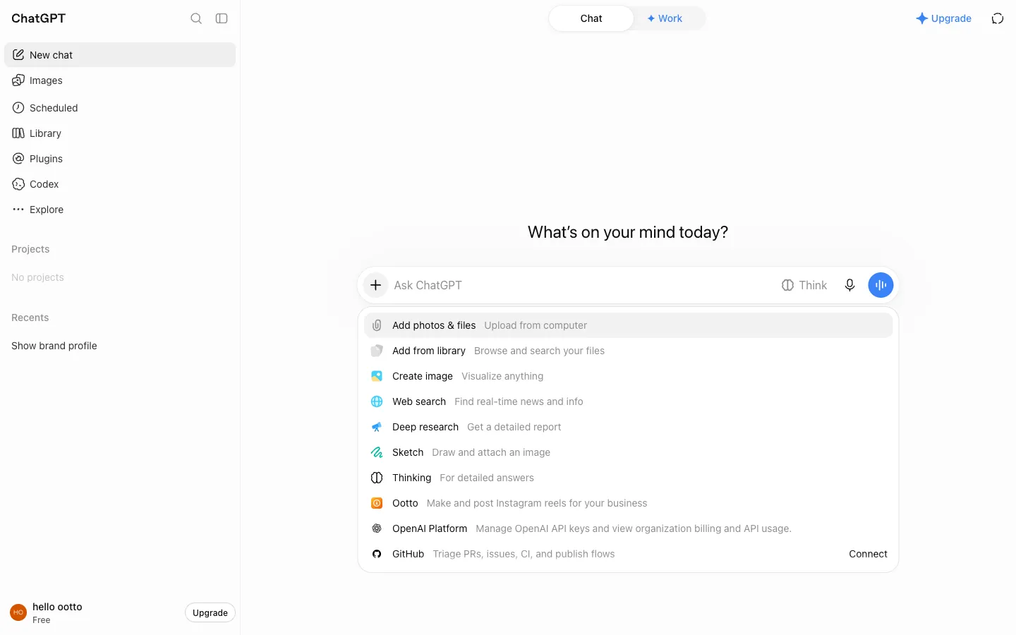 The plus menu in ChatGPT's message box with Ootto listed