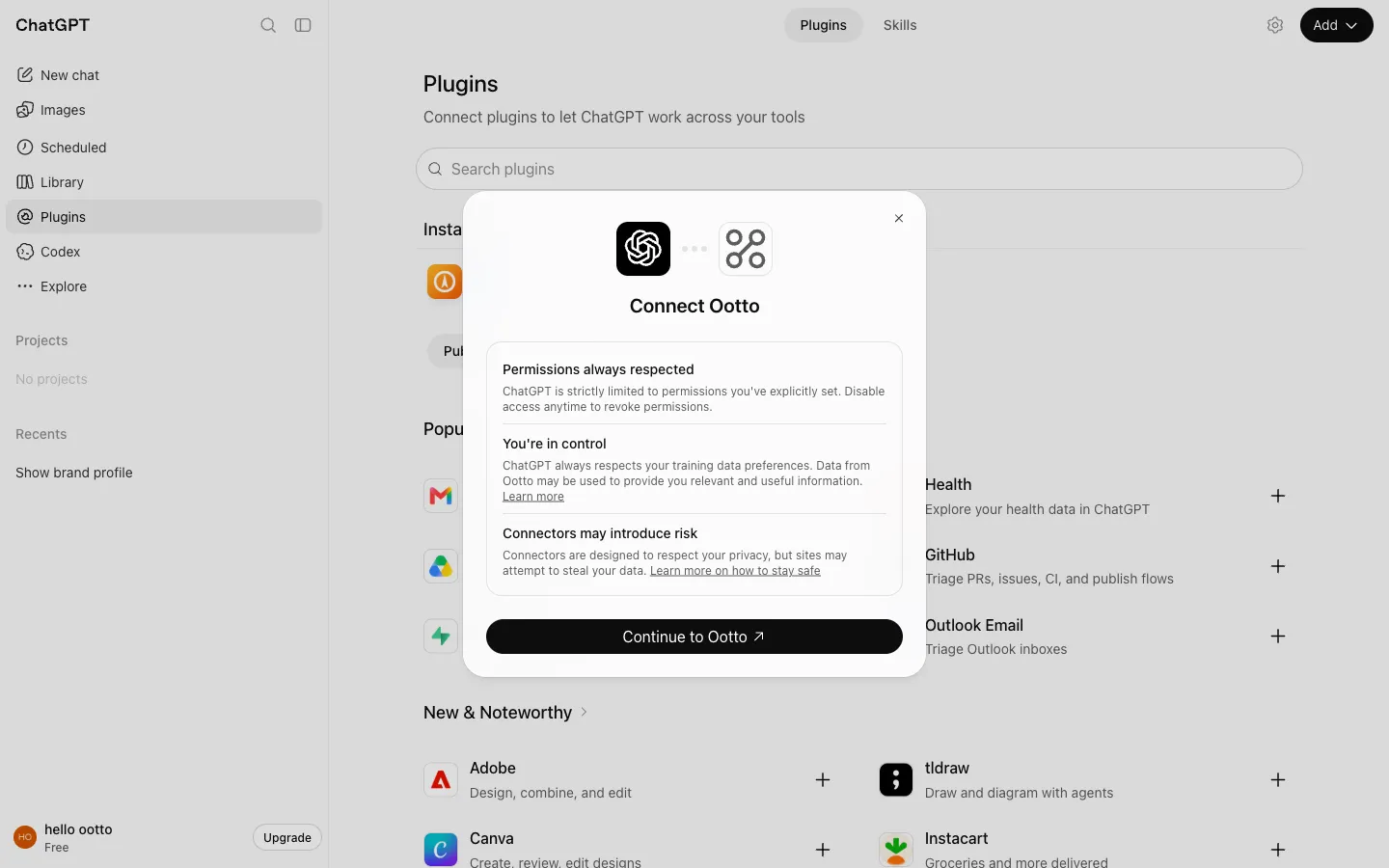 ChatGPT's Connect Ootto dialog with the Continue to Ootto button
