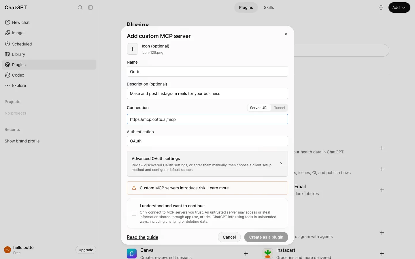 The Add custom MCP server form with the name Ootto and the Ootto server address