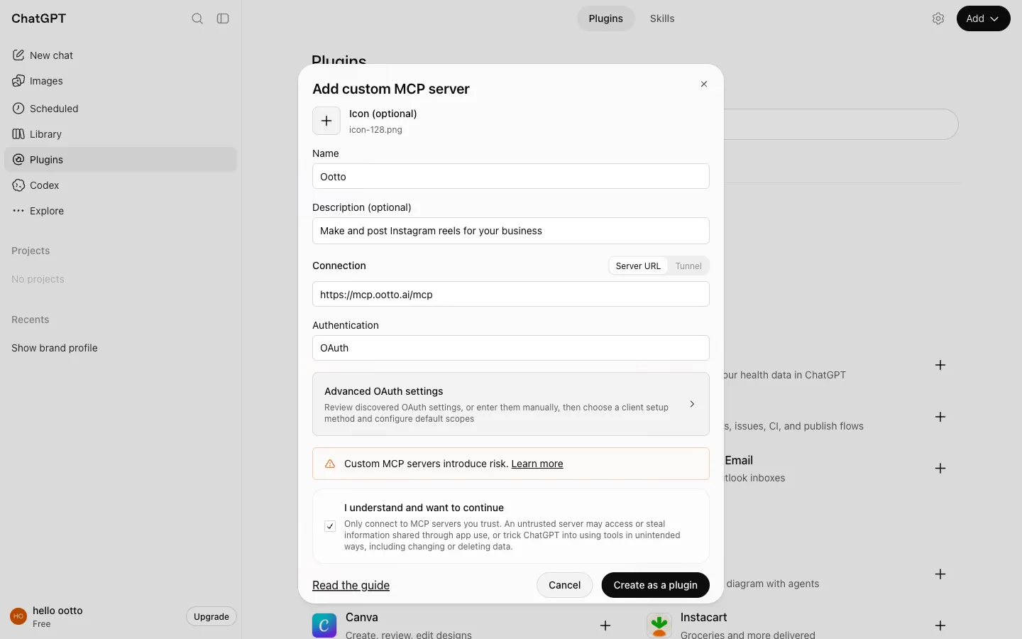 The form with the I understand and want to continue box and the Create as a plugin button