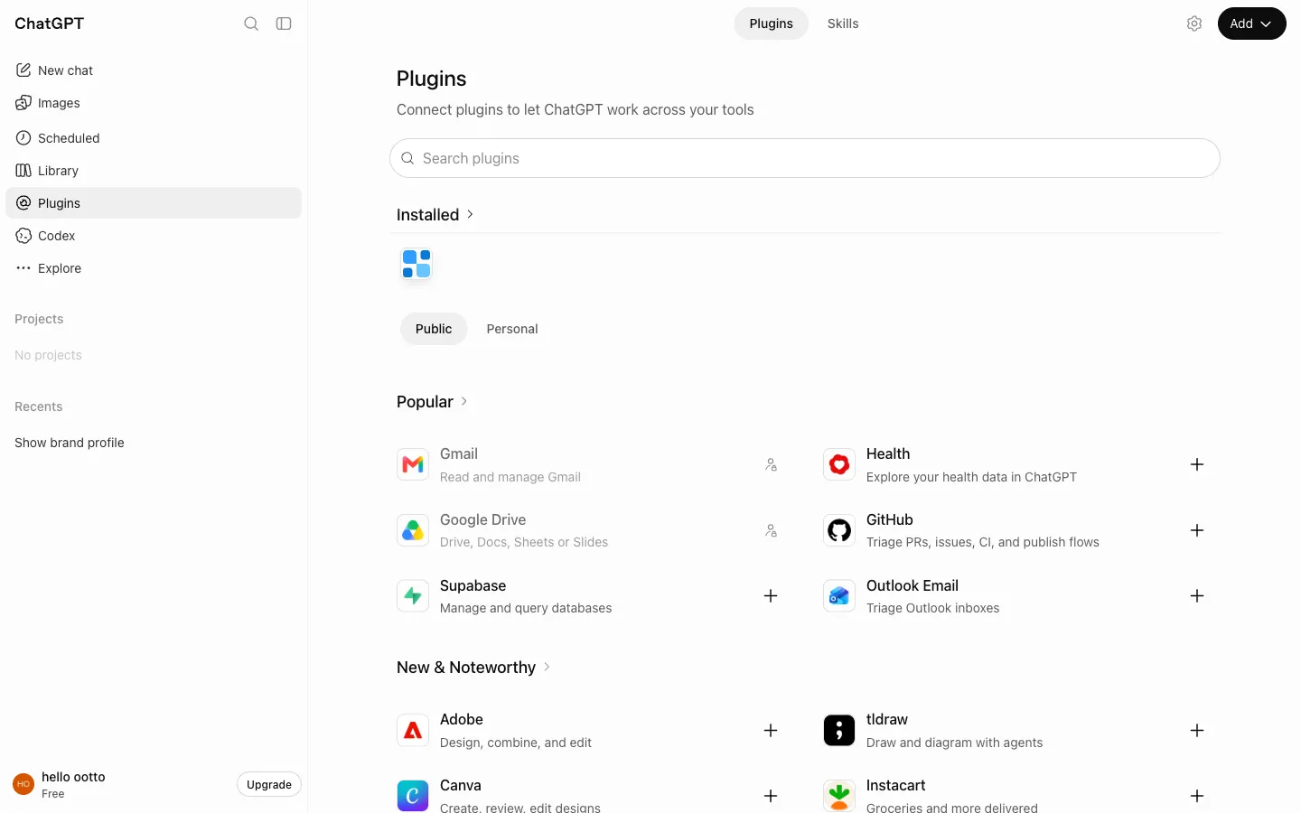 ChatGPT's Plugins page with the Add button at the top right