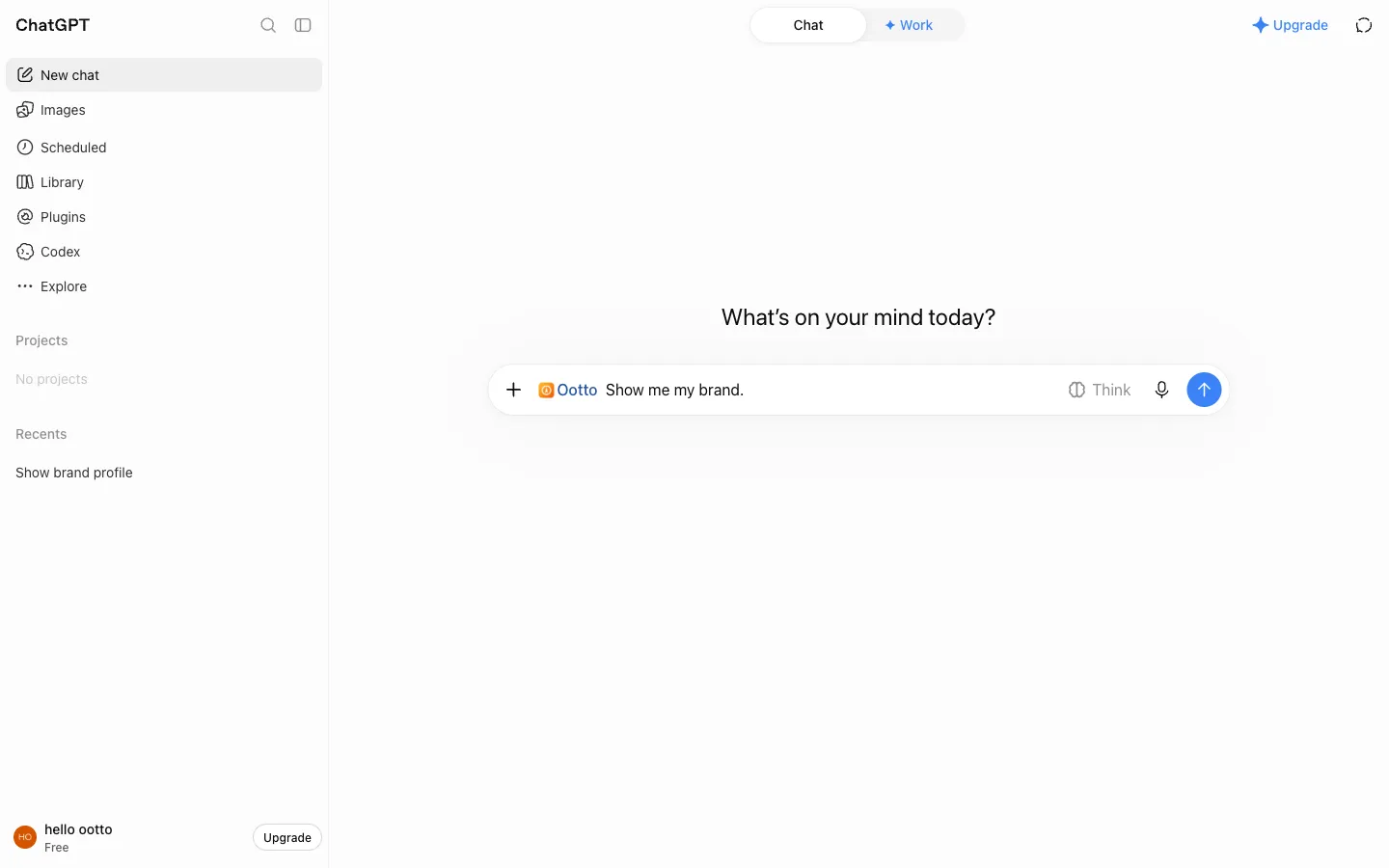 A new ChatGPT chat with Ootto attached and the prompt Show me my brand typed in the message box