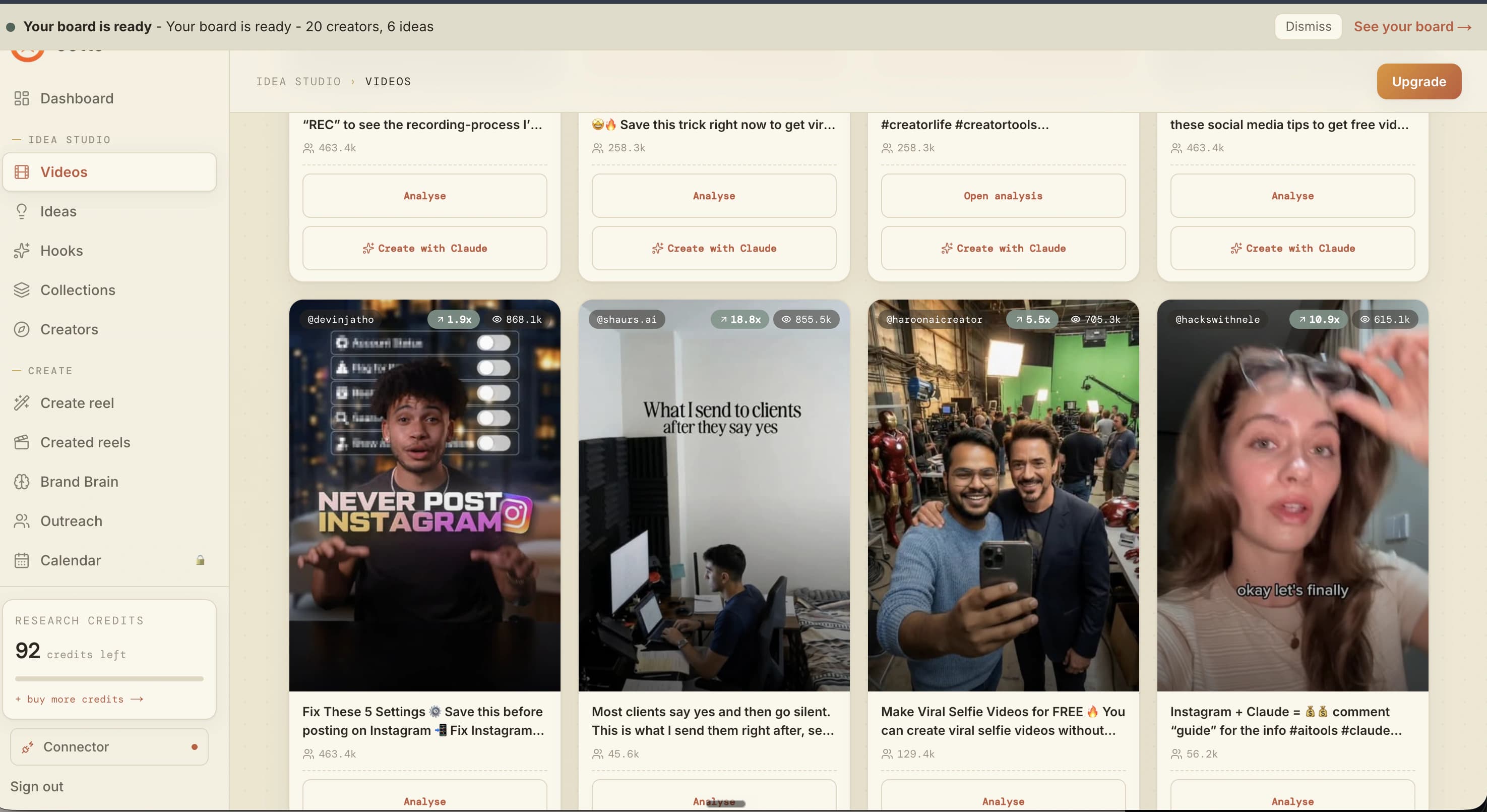 The Idea Studio video grid, with each reel scored by outlier multiplier against that account's own average