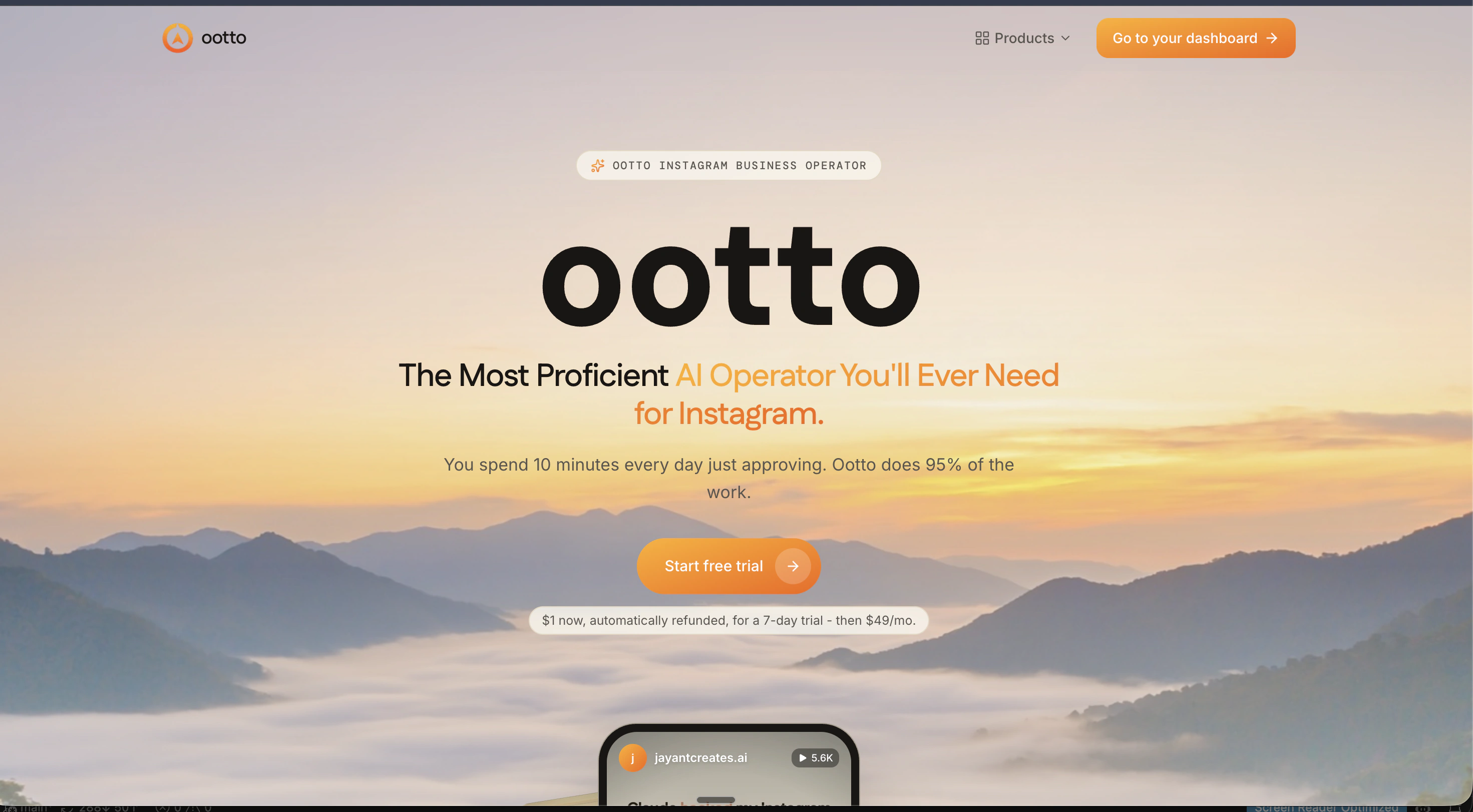 Ootto content dashboard landing screen after sign in