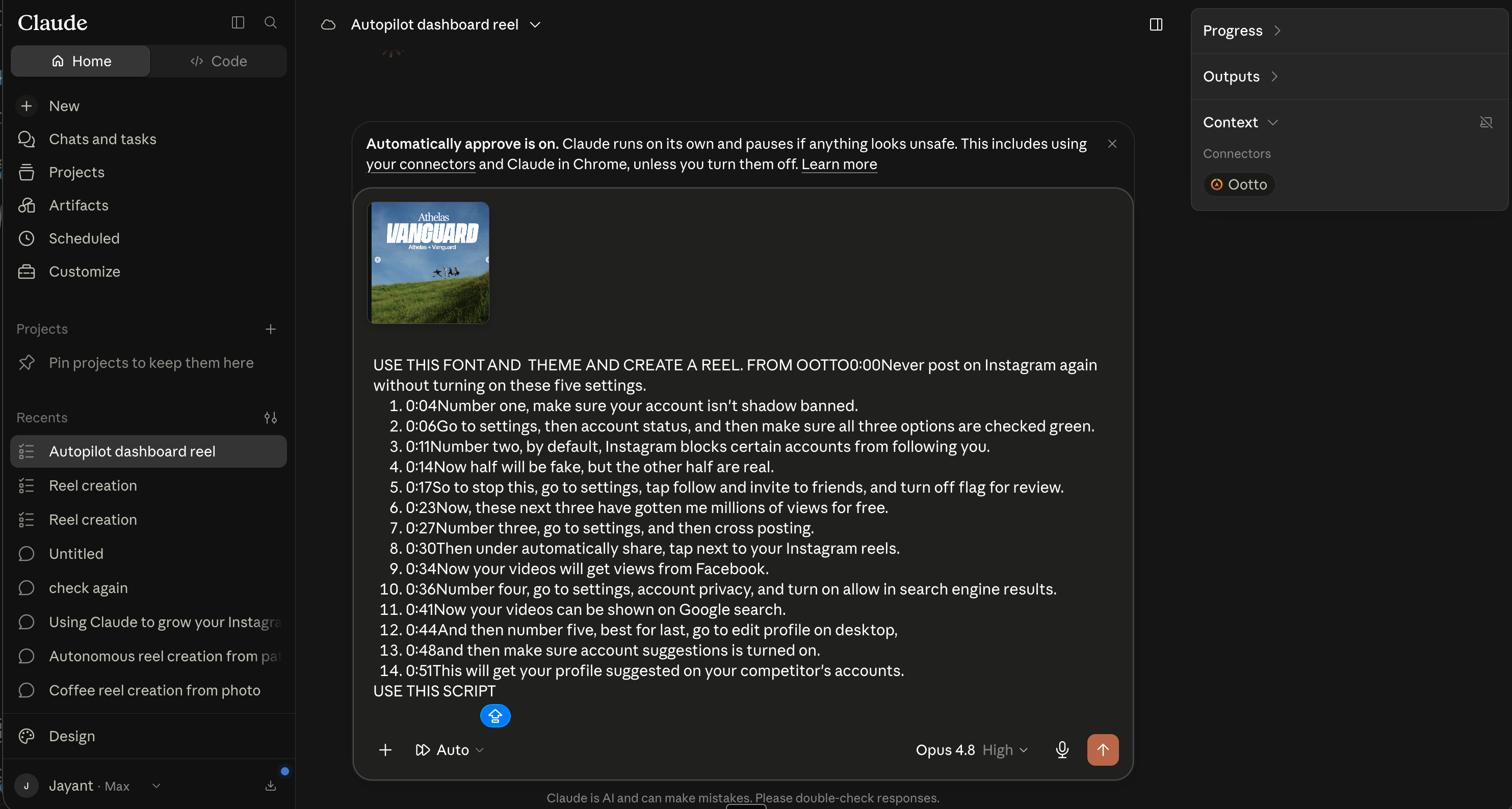 Claude with Ootto listed under Context, Connectors, and a reel prompt in the composer