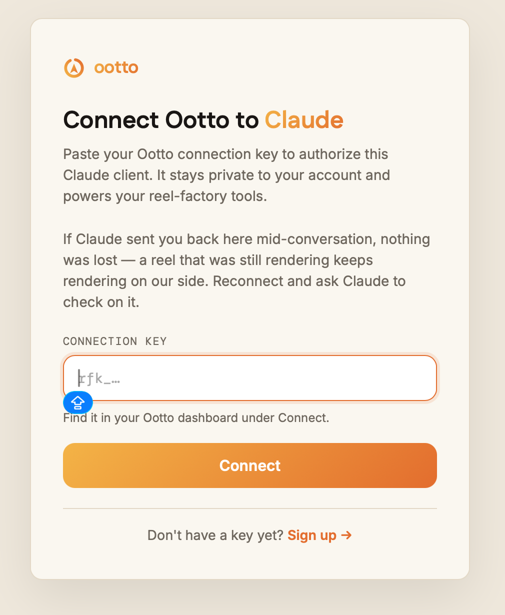 The Connect Ootto to Claude screen with a connection key field