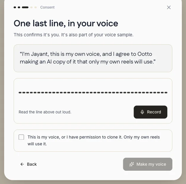 Ootto's consent screen with the line to read aloud and a Make my voice button