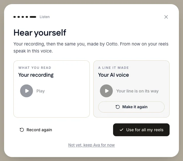 Ootto's Hear yourself screen comparing your recording with your AI voice