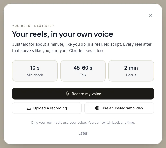 Ootto's Your reels, in your own voice screen with Record my voice, Upload a recording and Use an Instagram video
