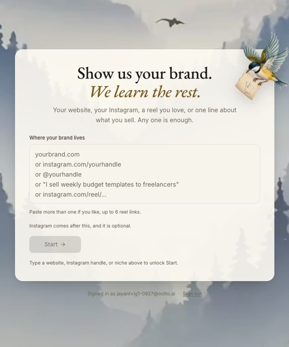 Ootto's first onboarding screen: Show us your brand, with a box for your website, Instagram or a line about what you sell