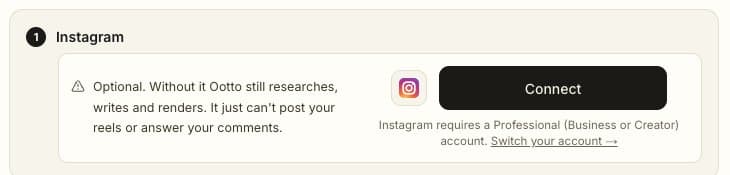 The Instagram step on Ootto's first reel page, with the Connect button