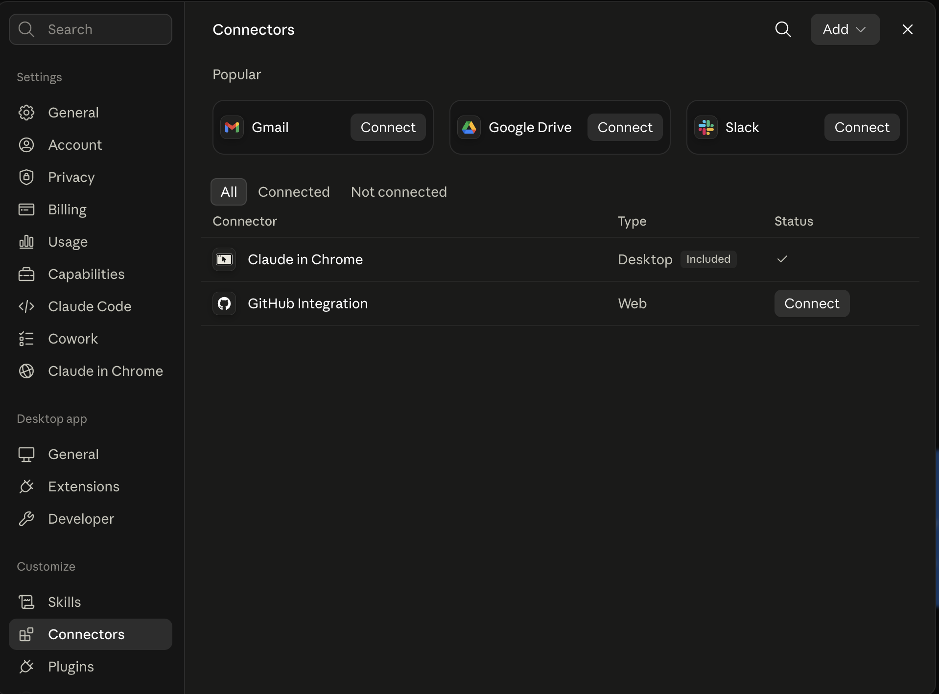 Claude connector settings with the Add custom connector action