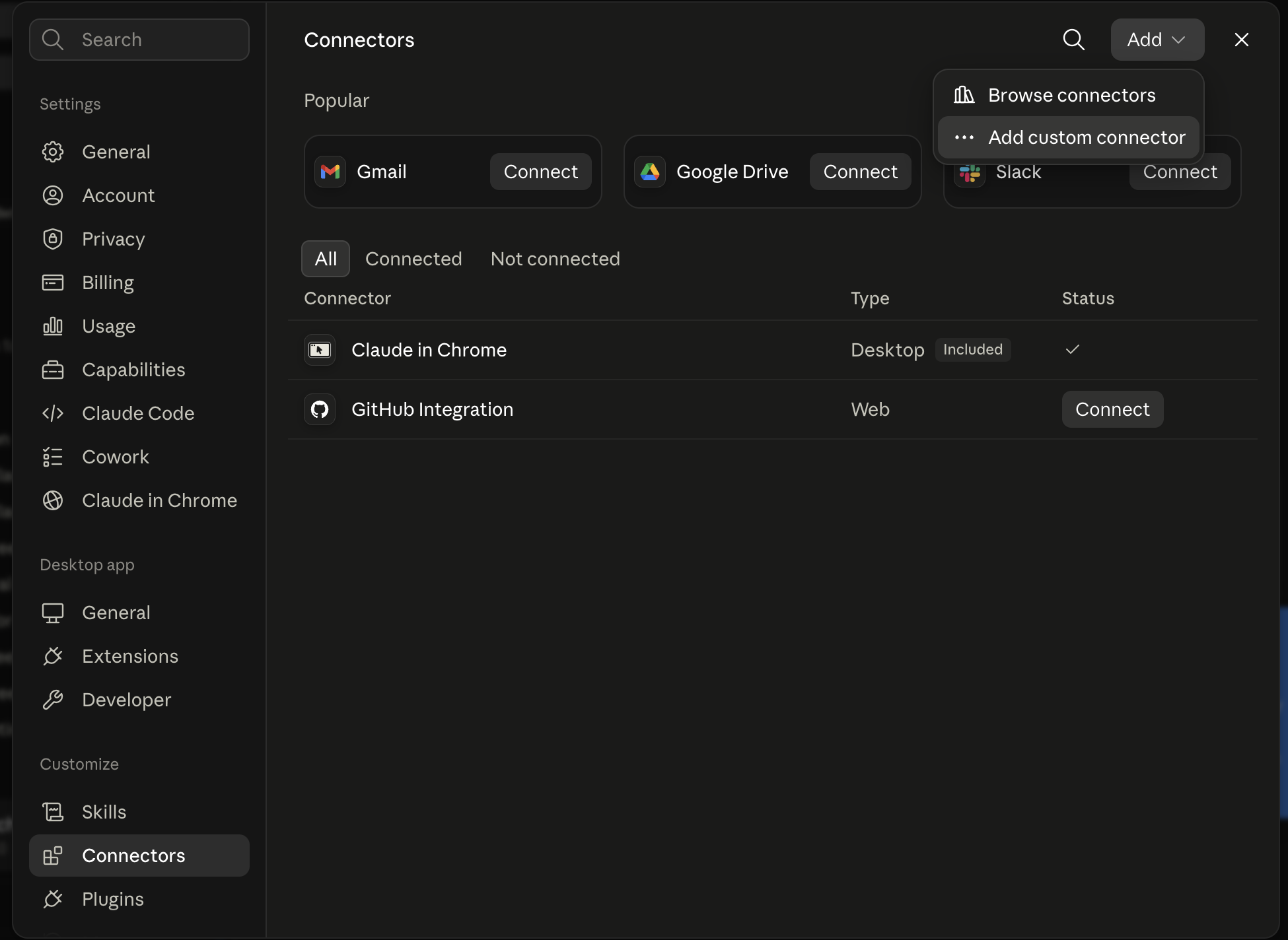 Claude Add custom connector option