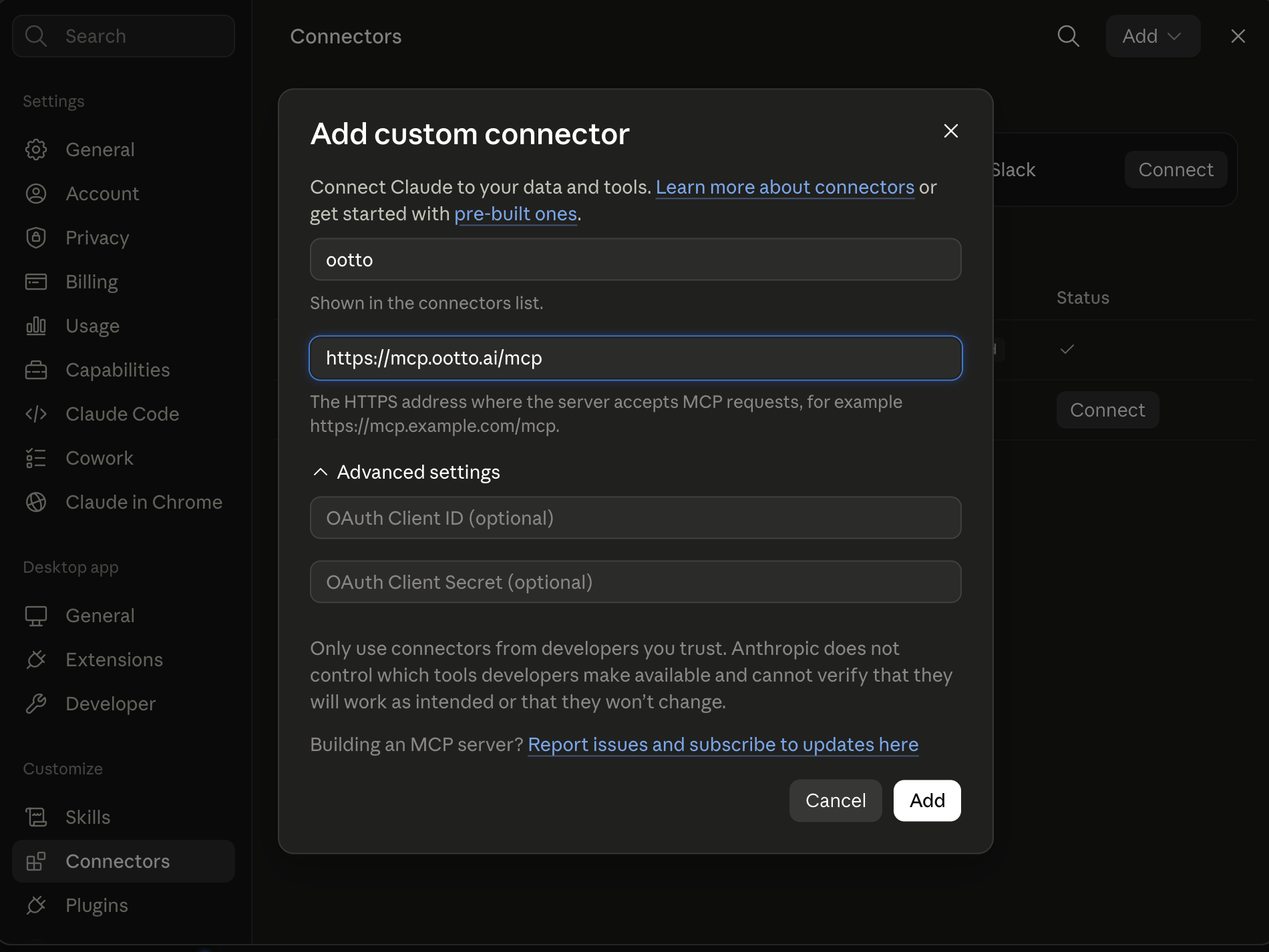 Claude's Add custom connector dialog, with the connector name and MCP URL filled in