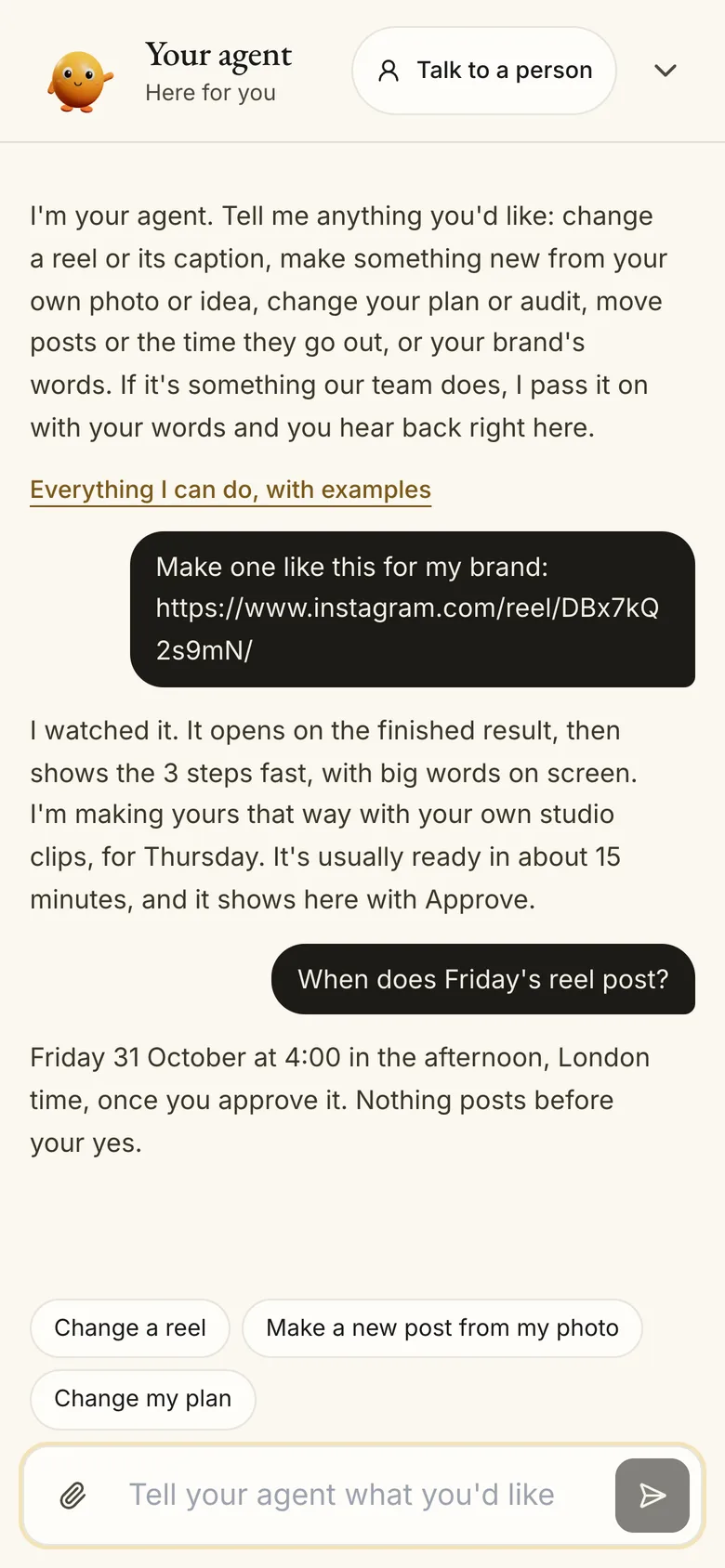 The chat with your agent, open beside To approve