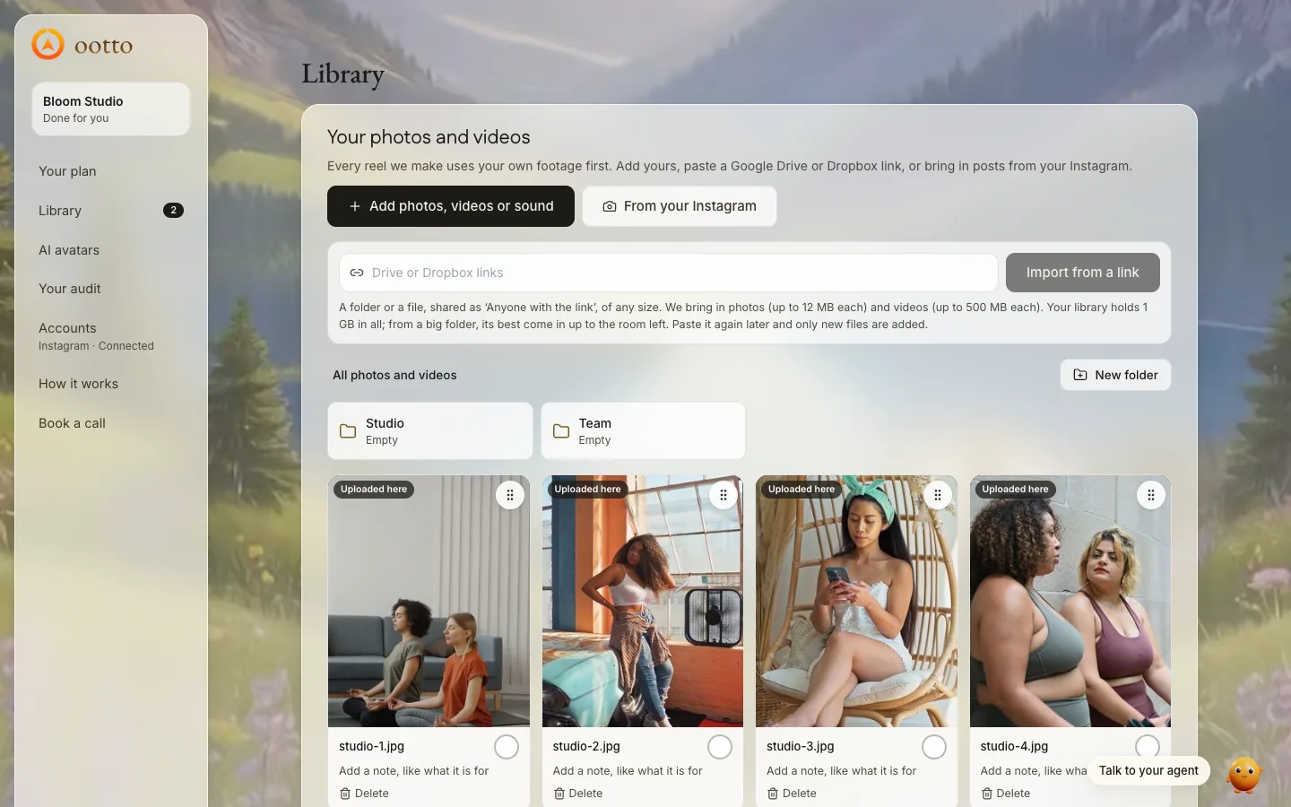 Your photos and videos in the Library, with Import from a link