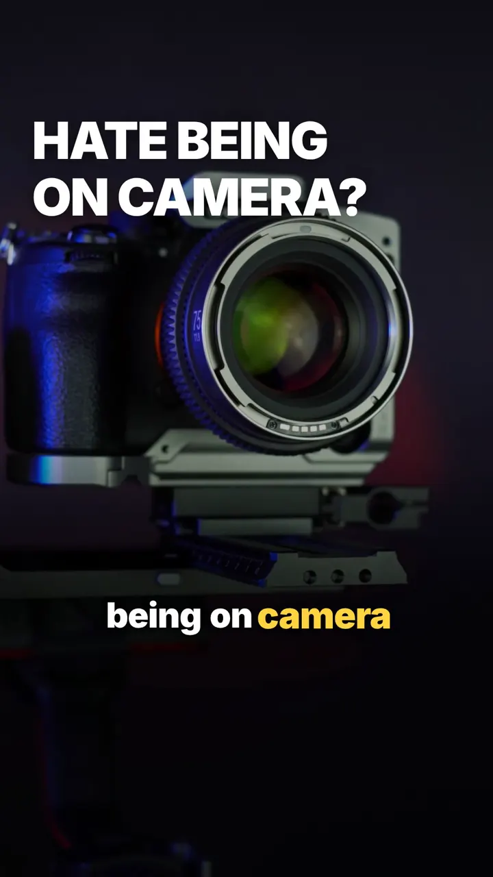 A faceless reel: camera gear, hands on a phone and a laptop, with bold words and an Approve button, narrated in a cloned voice